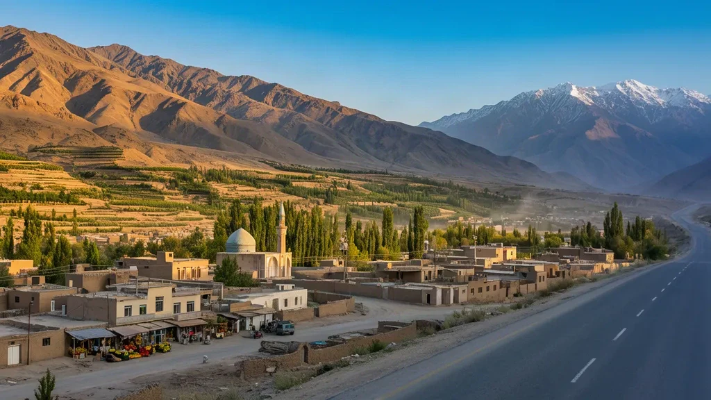 Vallée de Maidan Shar dans la province de Wardak, en Afghanistan, encadrée par des crêtes montagneuses à l'heure dorée avec des bâtiments urbains de faible hauteur