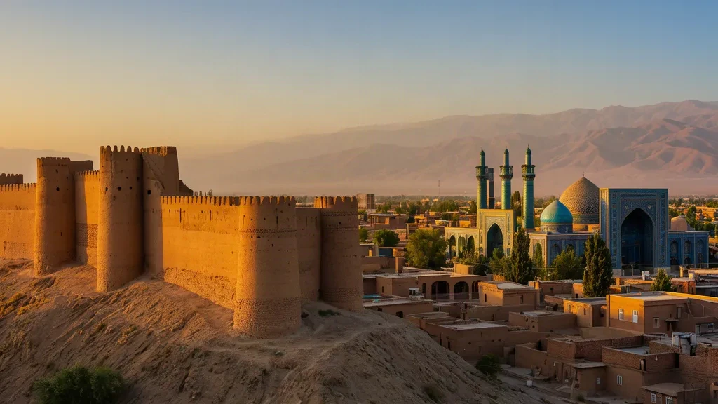 Vue à l'heure dorée sur la citadelle d'Hérat et les minarets turquoise de la Grande Mosquée en Afghanistan, avec la vieille ville et les montagnes au loin