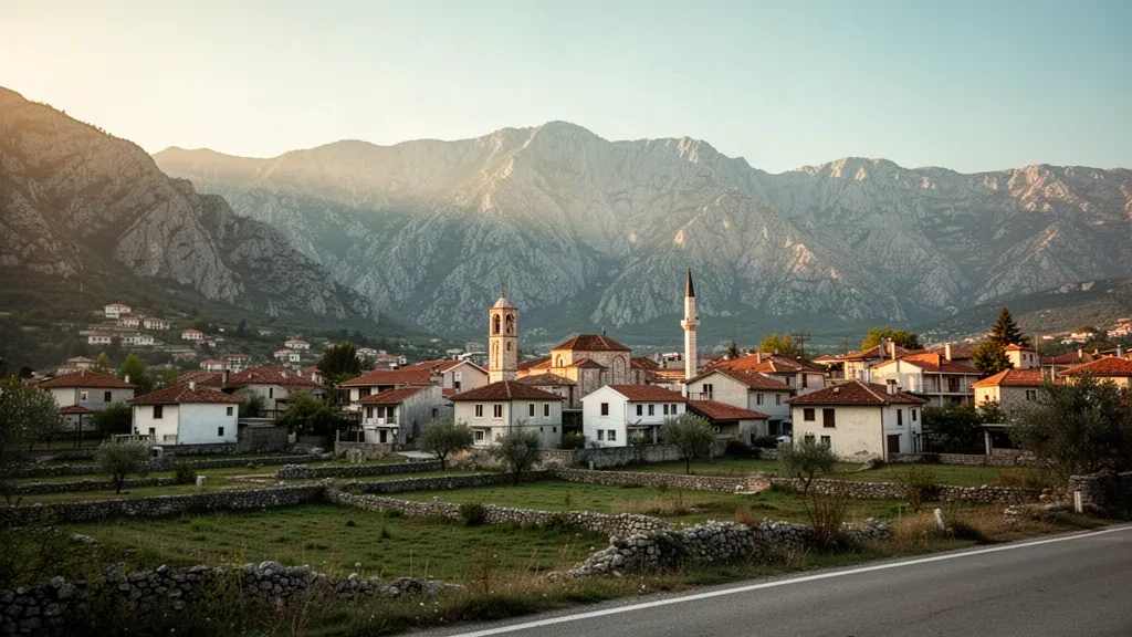 Die Stadt Tuzi in Montenegro mit Terrakottadächern, einem Glockenturm und Kalksteinbergen im warmen Licht des späten Nachmittags