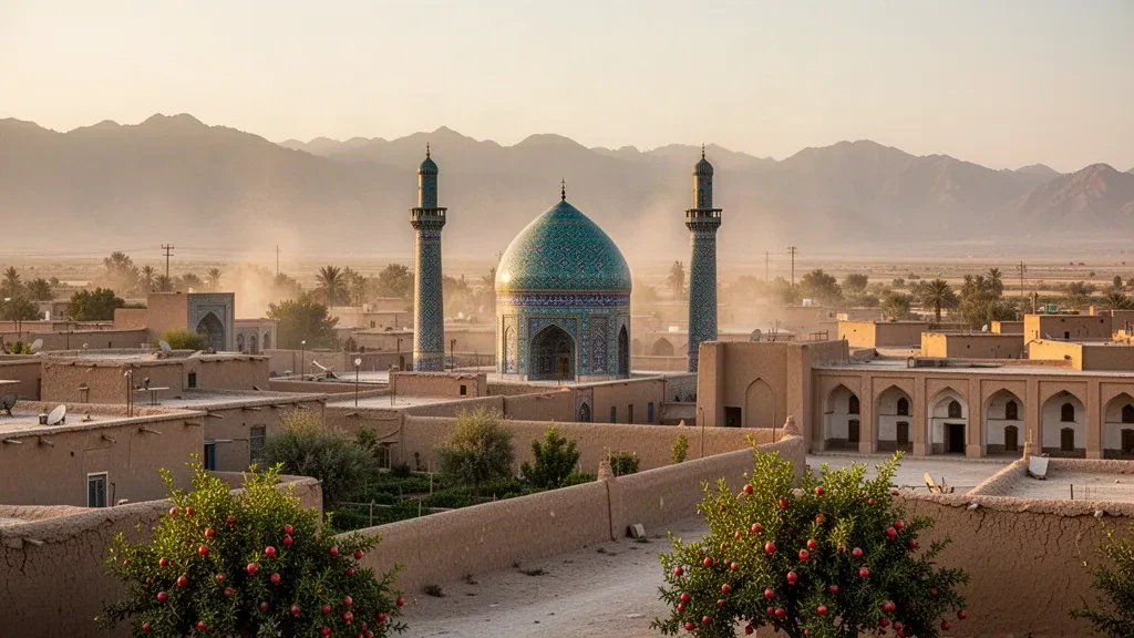 Veduta all'ora d'oro della cupola turchese e dei minareti del mausoleo di Ahmad Shah Durrani sopra i tetti della città vecchia di Kandahar, in Afghanistan
