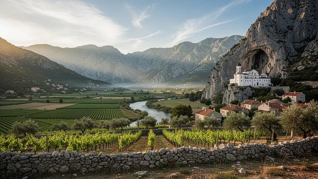 Golden-hour view across Montenegro's Zeta Plain with vineyards, the Zeta River and Ostrog Monastery built into the cliff face