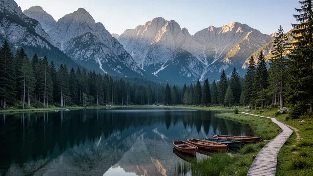 Rive du lac Noir à Žabljak, Monténégro, encadrée par les forêts de pins du Durmitor et les pics rocheux sous une lumière chaude d'après-midi