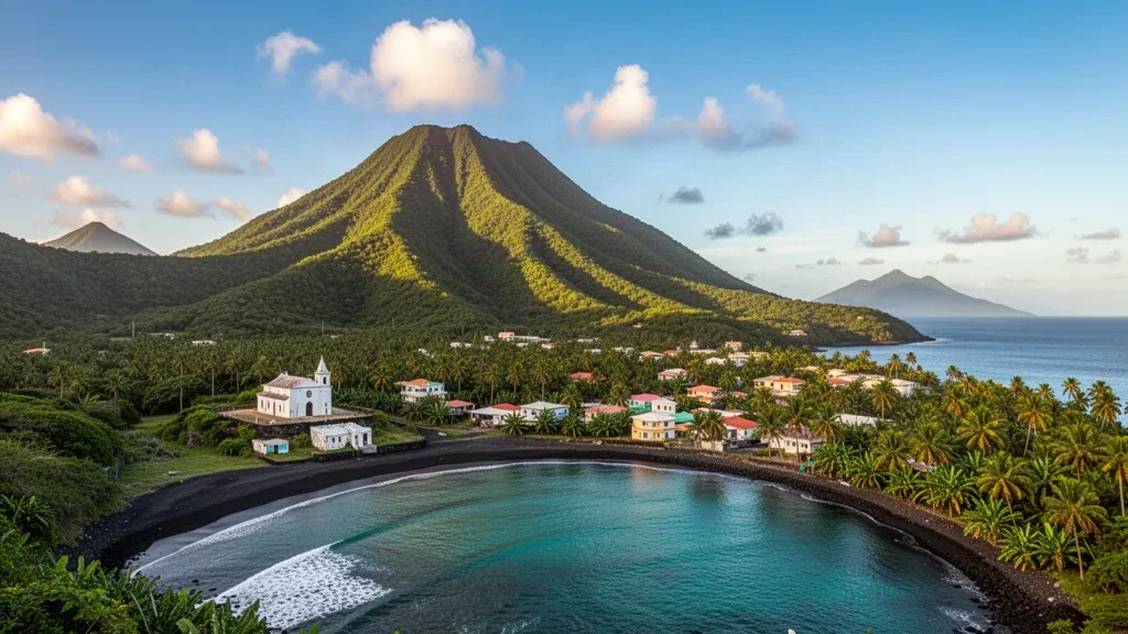 Green volcanic hills of Montserrat in the Caribbean rising above a black-sand bay, palms and turquoise sea on the Emerald Isle