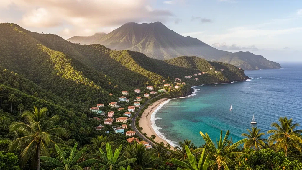 Verdes colinas volcánicas de la parroquia de Saint Georges en Montserrat, con Soufrière Hills elevándose sobre la costa caribeña