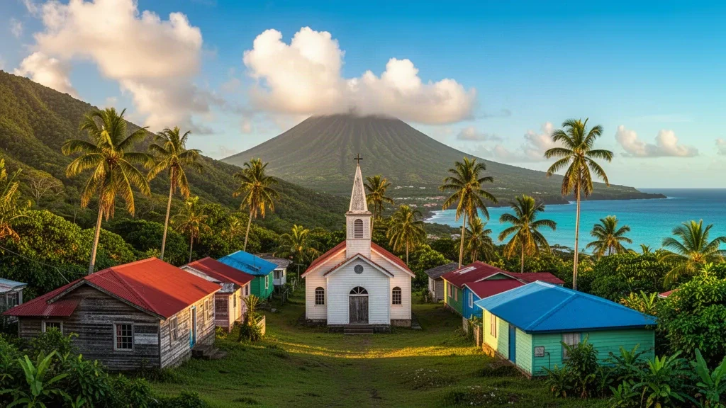 Une petite église blanche et des maisons caribéennes colorées dans le village de Saint Peter, à Montserrat, entourées de collines verdoyantes et de palmiers tropicaux.