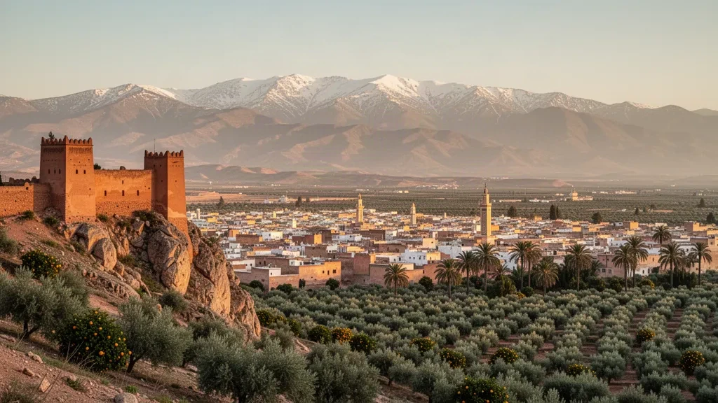 Béni Mellal, Fas'a bakan Kasbah Bel Kush, zeytinlikler ve altın saatte Yüksek Atlas Dağları
