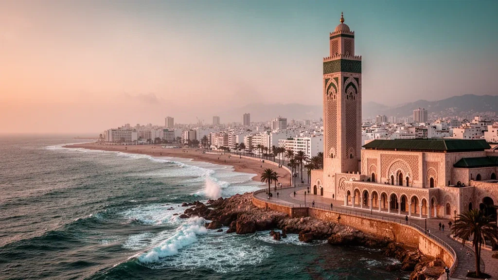La mosquée Hassan II s'élevant au-dessus du littoral atlantique de Casablanca à l'heure dorée, avec les toits de la ville et la plage dans une lumière chaude