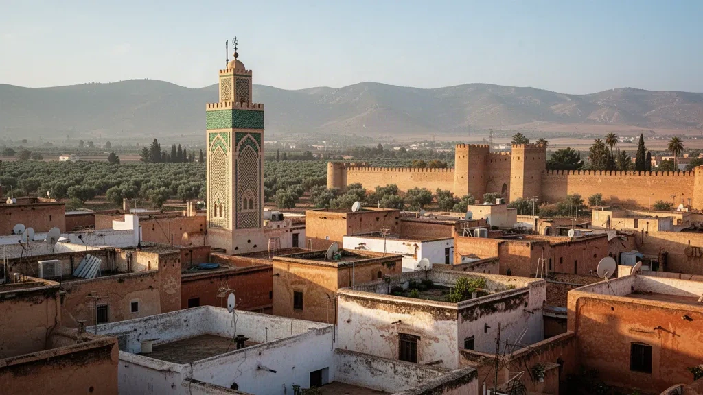 Veduta all'ora d'oro sui tetti e sui minareti della medina di Fès nella regione marocchina di Fès-Meknès