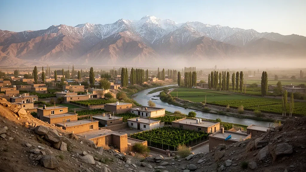 Charikar en la provincia afgana de Parwan, con barrios de tejados planos, viñedos y las nevadas montañas del Hindu Kush en la hora dorada