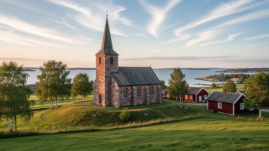 Iglesia histórica de Saltvik en las islas Åland rodeada de campos verdes y árboles bajo la luz del verano nórdico
