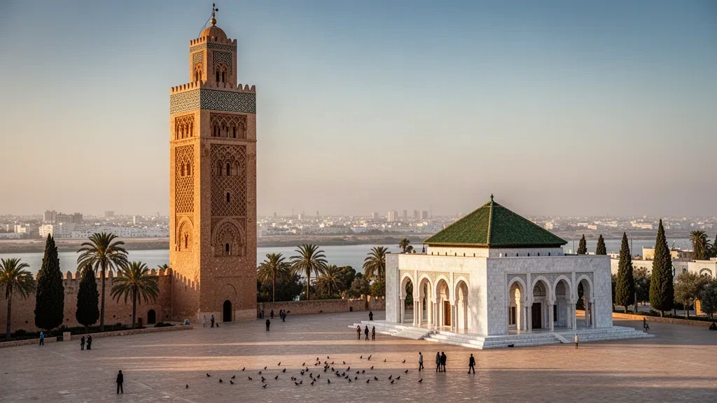 Tour Hassan et Mausolée de Mohammed V à Rabat, Maroc, baignés dans une lumière dorée au coucher du soleil sur une grande place de pierre