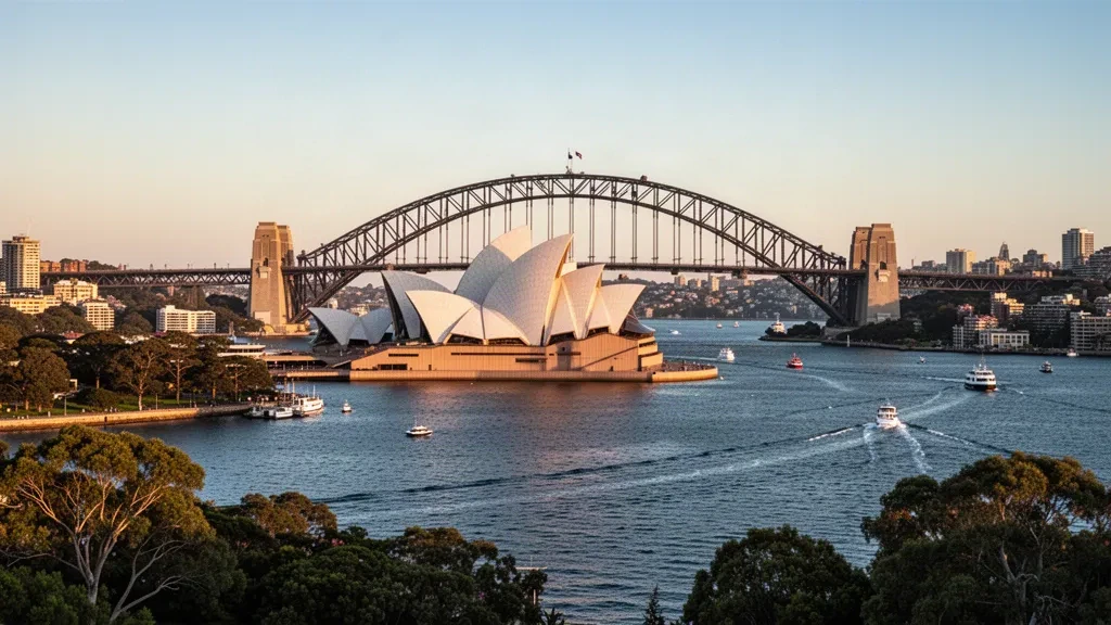 Altın saatte Opera Binası ve Harbour Bridge ile Sydney Limanı, Avustralya'nın ikonik sahil silüetini ve mavi sularını sergiliyor.