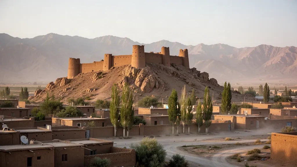 Ancient mud-brick citadel on a rocky hill above the arid town of Qalat in Zabul Province, Afghanistan, lit at golden hour