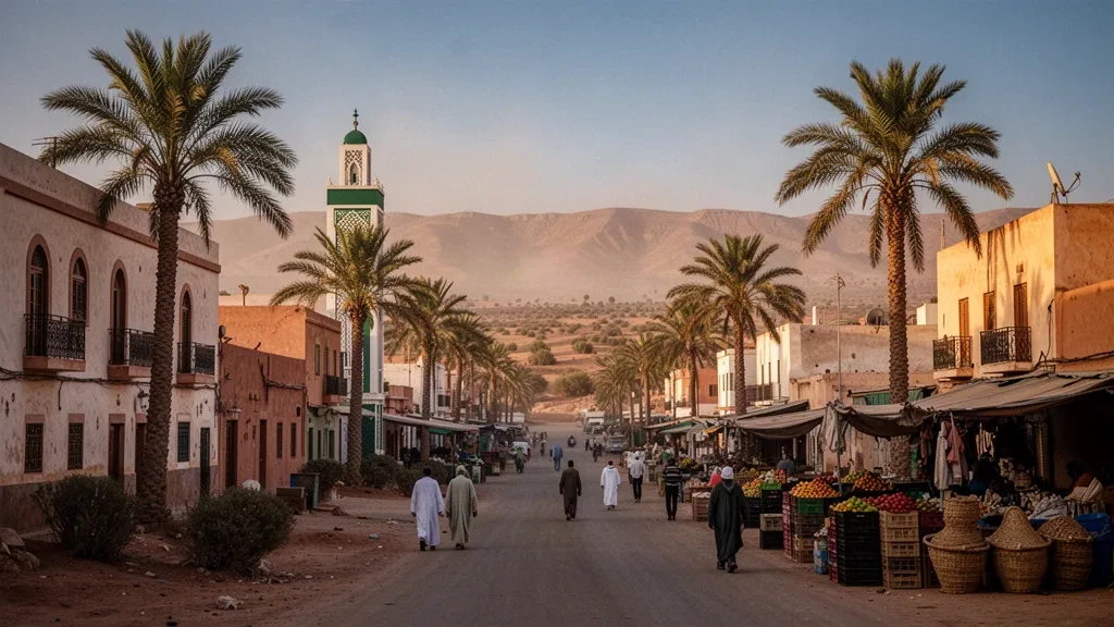 Viale alberato di palme e minareto di una moschea nel centro di Youssoufia, Marocco, durante l'ora d'oro, con bancarelle del mercato e colline aride sullo sfondo
