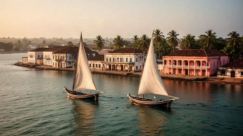 Traditional dhow sailboats on Inhambane Bay at golden hour with the historic colonial waterfront and palm trees of Inhambane, Mozambique