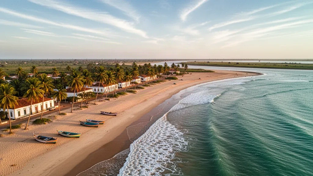 Blick zur goldenen Stunde auf Xai-Xai in der Provinz Gaza, Mosambik, mit palmengesäumten Stränden, türkisfarbenem Ozean und hölzernen Fischerbooten auf dem Sand.