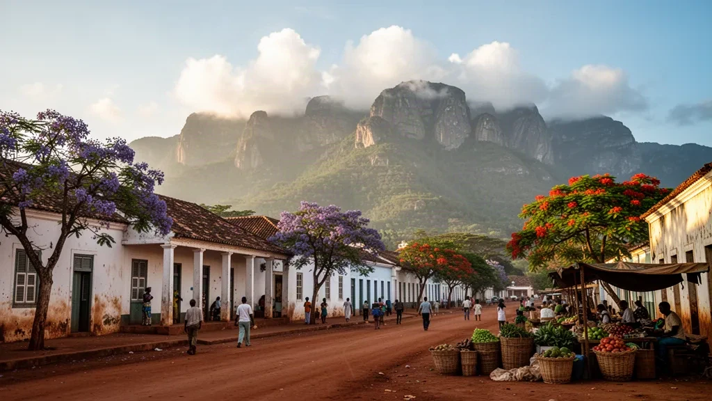 Warm afternoon light over Manica town in Mozambique with colonial buildings and the Chimanimani mountains rising behind