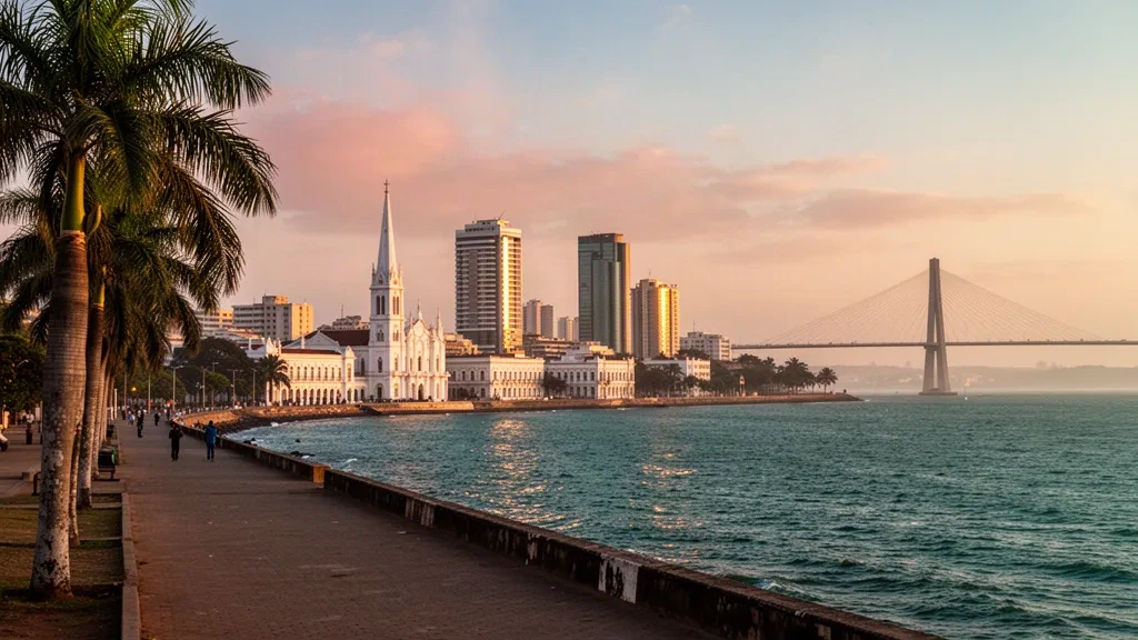 Altın saatte Avenida Marginal gezinti yolundan görülen Maputo silüeti; palmiye ağaçları, Maputo Körfezi ve Mozambik'teki Katembe köprüsüyle