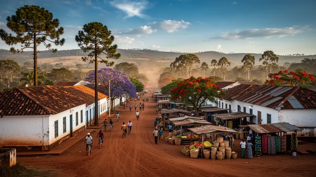 Golden-hour view over Lichinga, capital of Niassa Province in northern Mozambique, with red-earth streets and highland hills