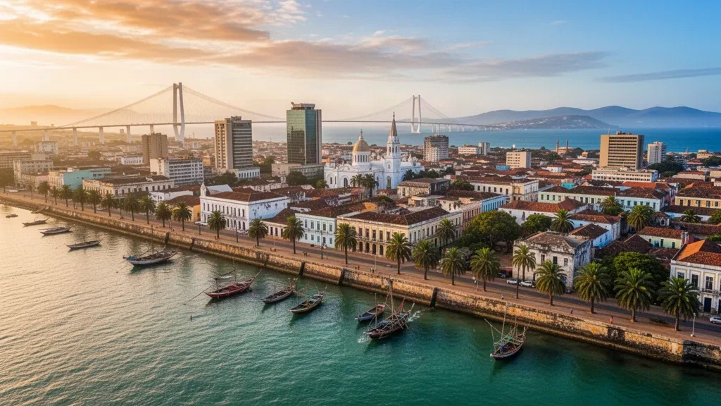 Altın saatte Maputo sahil şeridi silüeti ve Maputo Körfezi üzerindeki Katembe asma köprüsü, Mozambik
