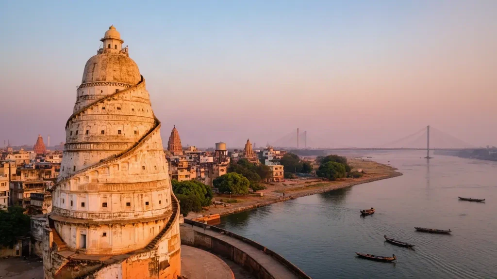 Vue à l'heure dorée de Patna, Bihar, avec le dôme du Golghar et les rives du Gange, une large scène de voyage adaptée aux pages de transfert urbain et de circuits