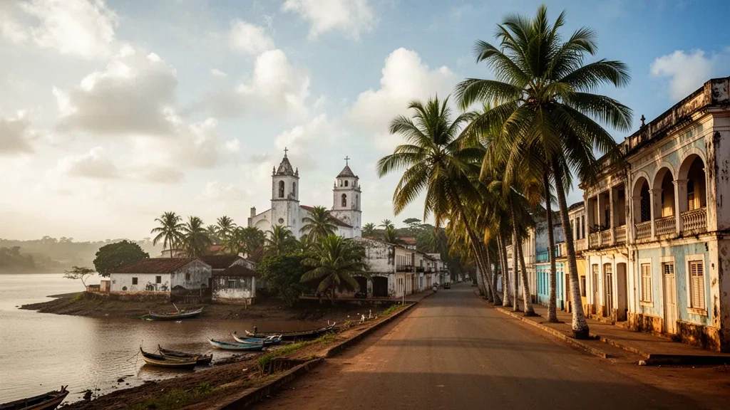 Palmengesäumte Allee und koloniale Architektur in Quelimane, Hauptstadt der Provinz Zambezia, Mosambik, zur goldenen Stunde