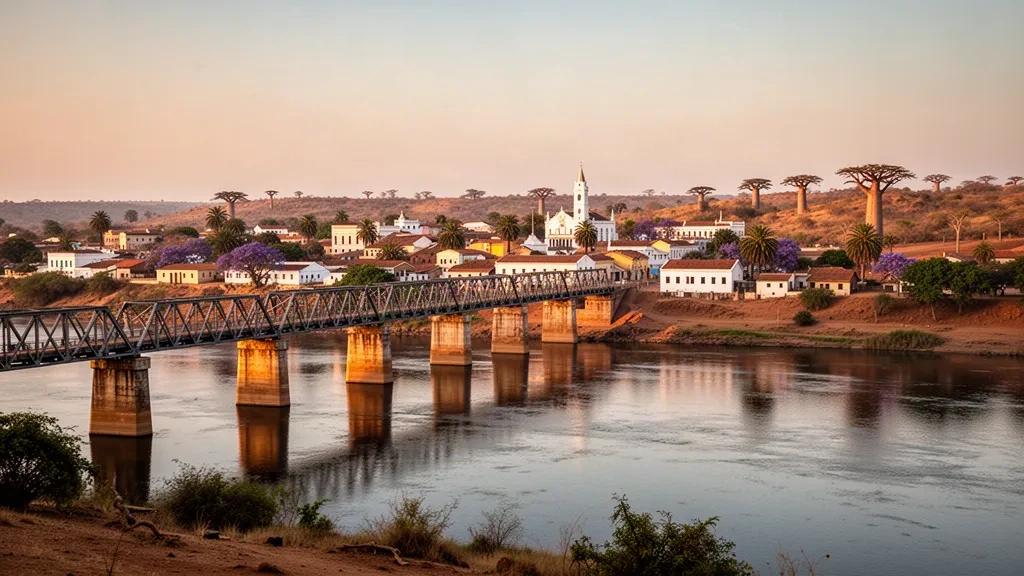 Vue à l'heure dorée de Tete, au Mozambique, avec le pont Samora Machel sur le fleuve Zambèze et les immeubles de la ville au-delà