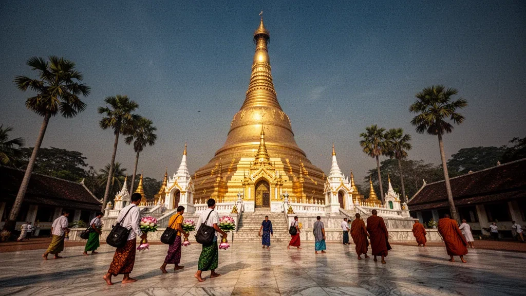 Golden-hour view of Shwemawdaw Pagoda in Bago, Myanmar, as pilgrims walk barefoot across its marble terrace