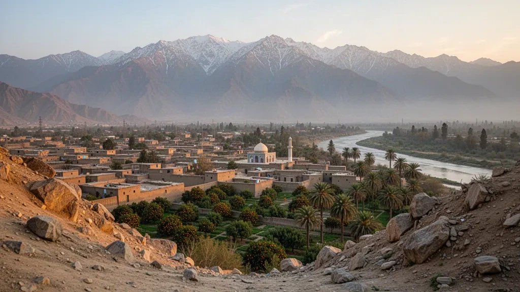 Tal von Jalalabad in Nangarhar, Afghanistan, mit Häusern mit Flachdächern, Obstgärten, einem Fluss und dem Spin-Ghar-Gebirge zur goldenen Stunde