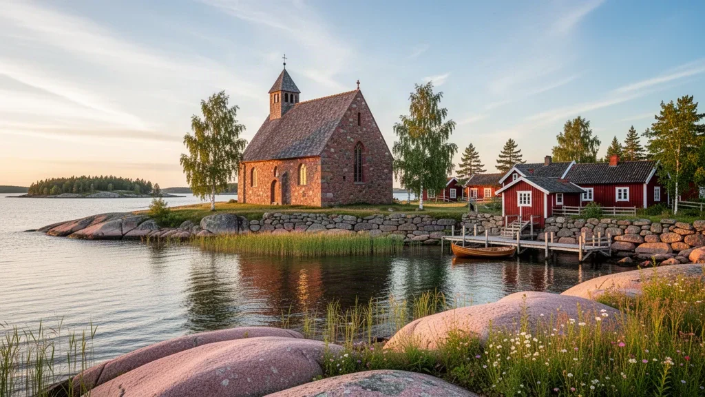 Red granite Vårdö church and rocky shoreline with wooden houses on the Baltic coast of the Åland Islands in summer
