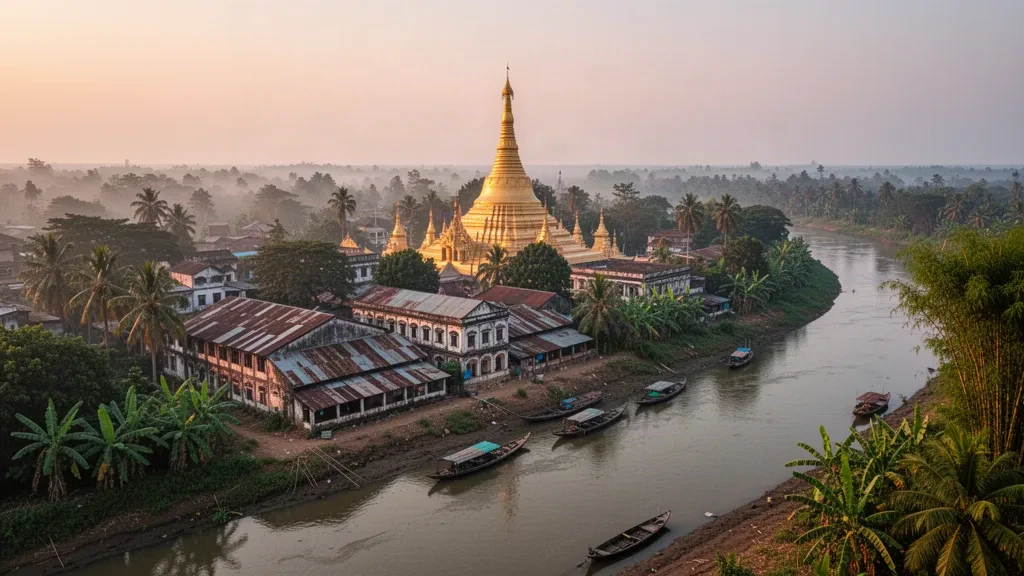 Golden stupa and riverfront rooftops of Pathein in Myanmar's Ayeyarwady delta glowing at sunset