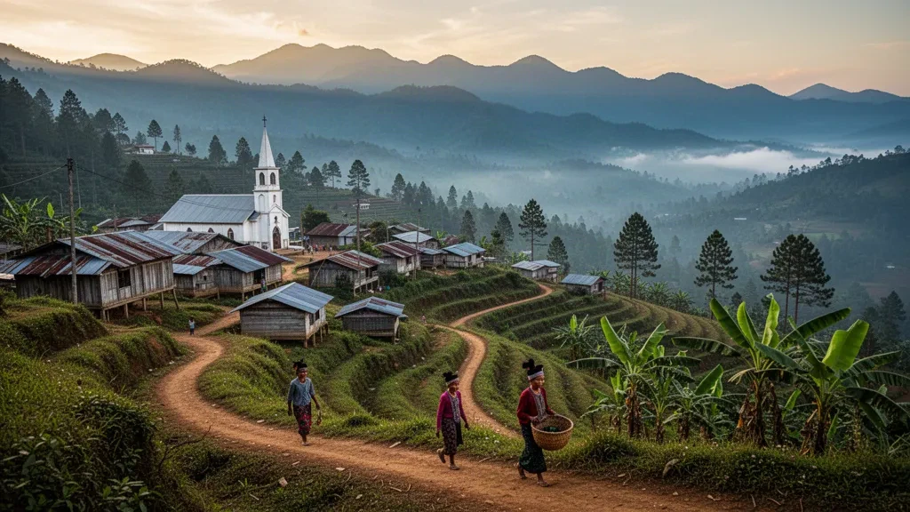 Panoramic view of Hakha, capital of Chin State, Myanmar, with hillside houses, church steeple and misty mountain valleys at golden hour.