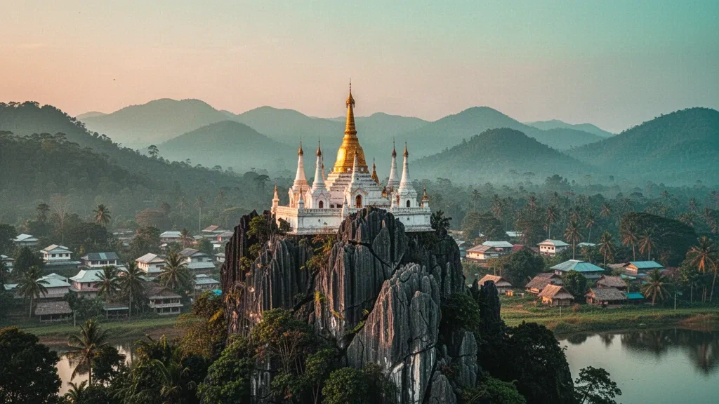 Weiße und goldene Stupas der Taung Kwe Pagode auf einem Kalksteinkarstfelsen mit Blick auf Loikaw im Kayah-Staat in Myanmar