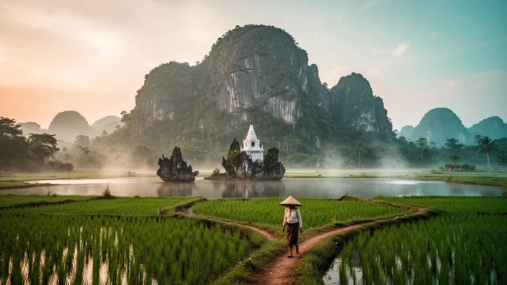 Mount Zwegabin rising above misty rice paddies near Hpa-An, Kayin State, Myanmar