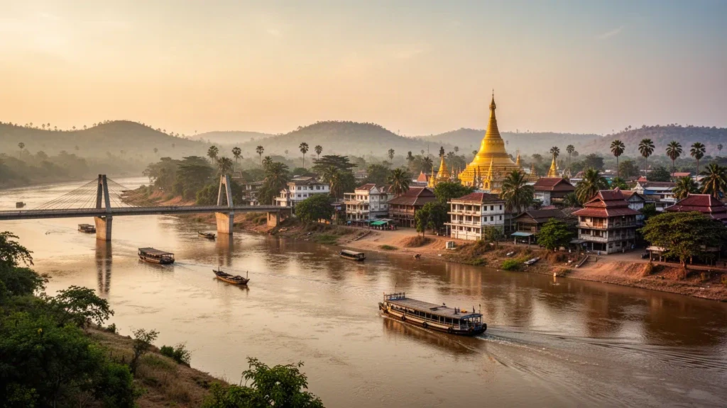 Golden pagoda, tree-lined streets and riverboats along the Irrawaddy River in Magway, Myanmar at sunset