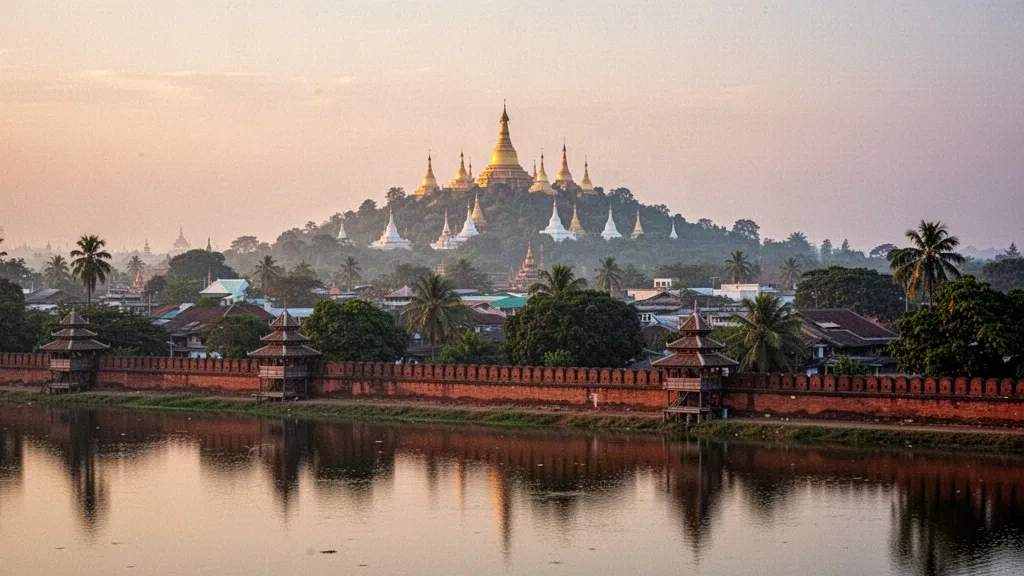 Wassergraben des Mandalay-Palastes, der das goldene Licht des Sonnenuntergangs spiegelt, mit Pagoden auf dem Mandalay Hill, die über der Stadt aufragen, Myanmar