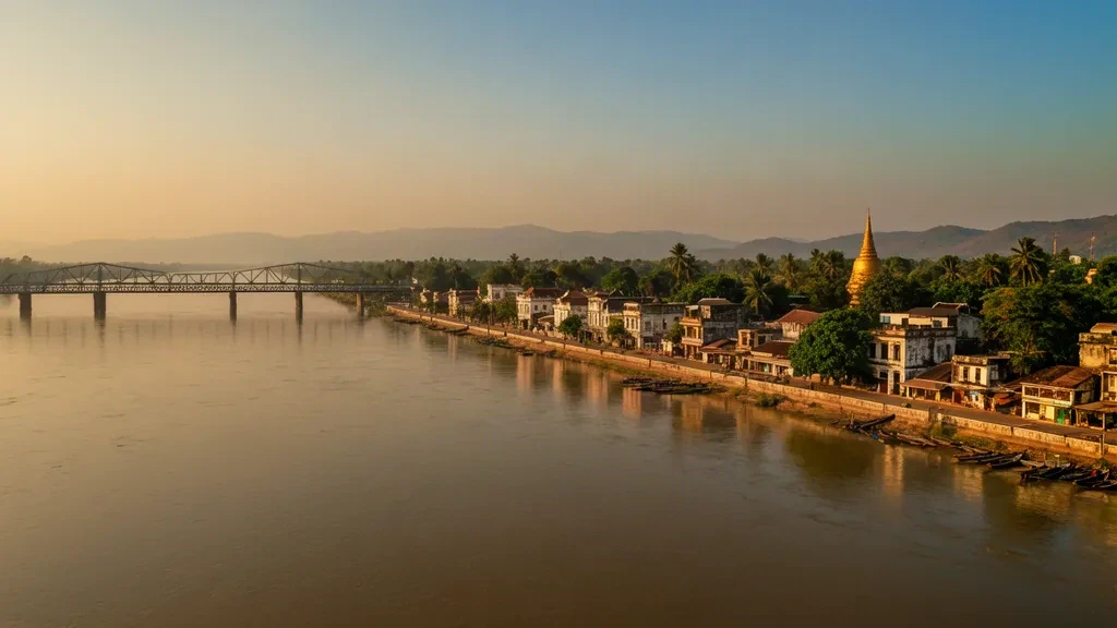 Vista durante la hora dorada sobre Magway, Myanmar, con el río Irrawaddy, el puente de acero y las agujas doradas de las pagodas a lo largo del paseo fluvial.