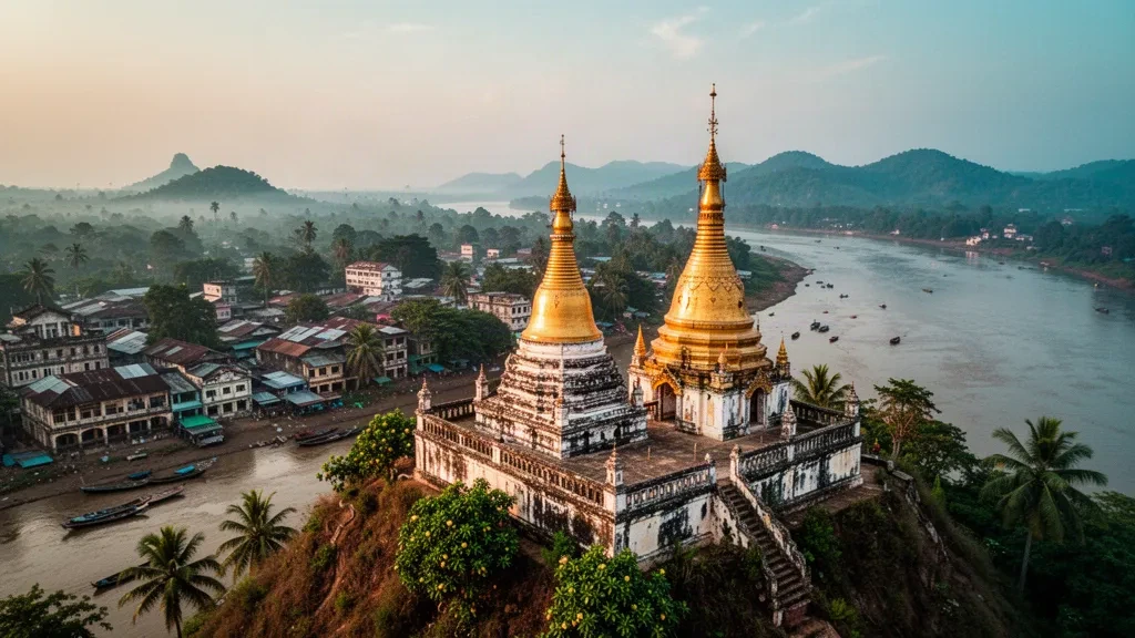 Myanmar'ın Mon Eyaleti'ndeki Mawlamyine üzerinde altın saat manzarası; Kyaikthanlan Pagodası, Thanlwin Nehri'ne ve nehir kıyısındaki kasabaya bakıyor