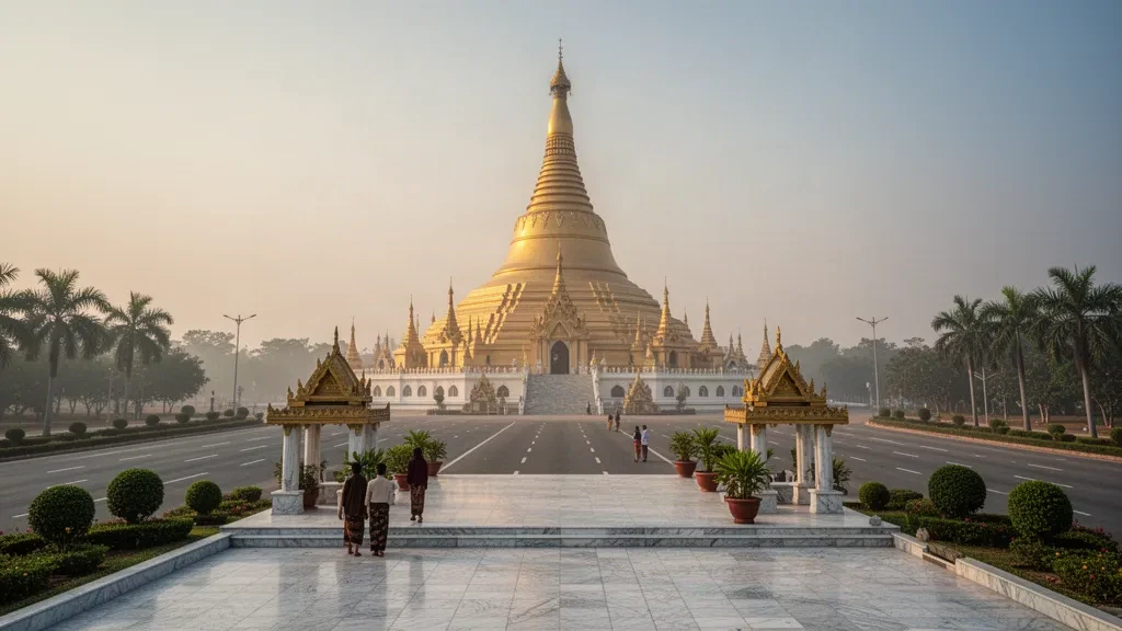 La pagode dorée Uppatasanti s'élevant au-dessus d'un large boulevard presque vide à Naypyidaw, au Myanmar, dans la lumière chaude de la fin d'après-midi