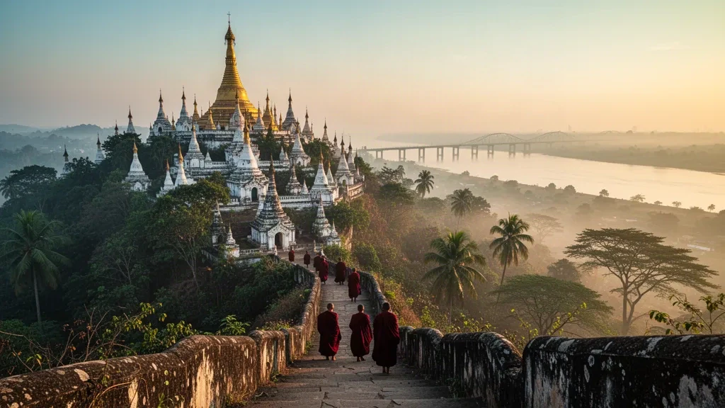 Golden sunrise over Sagaing Hill in Myanmar, with white stupas, gilded pagodas and monks above the Irrawaddy River