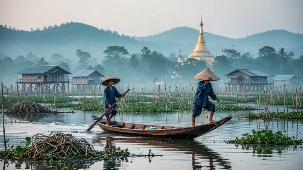 Pêcheur shan ramant avec la jambe sur un bateau en bois traversant le lac Inle brumeux dans l'État de Shan, au Myanmar, à l'aube, avec des jardins flottants et des collines en arrière-plan