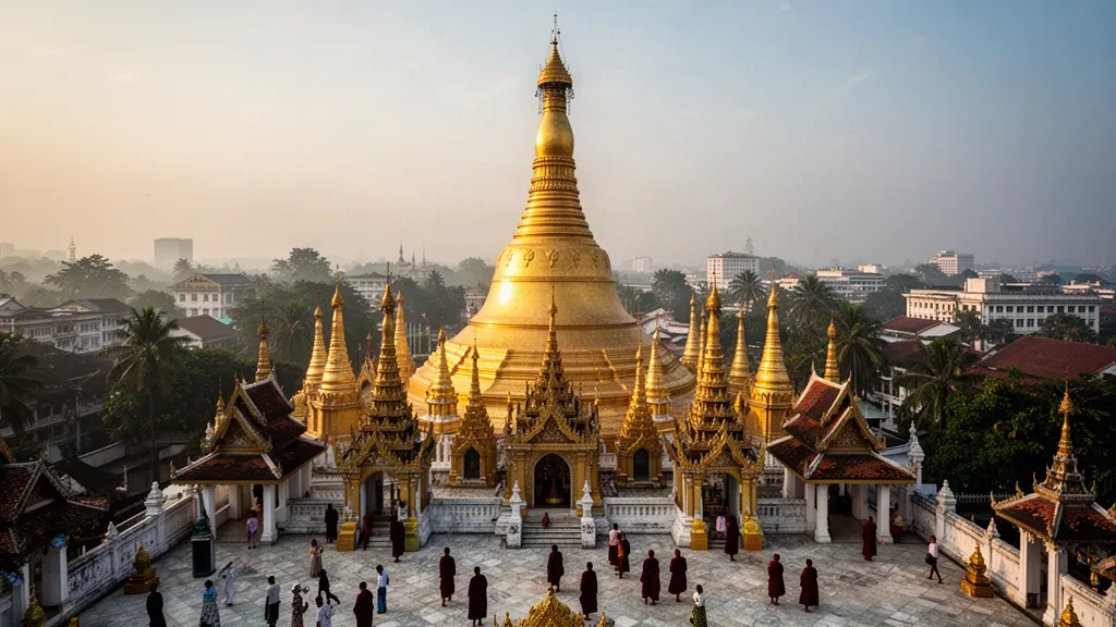 Golden Shwedagon Pagoda glowing at sunset above Yangon, Myanmar, with devotees on the temple terrace and city rooftops beyond