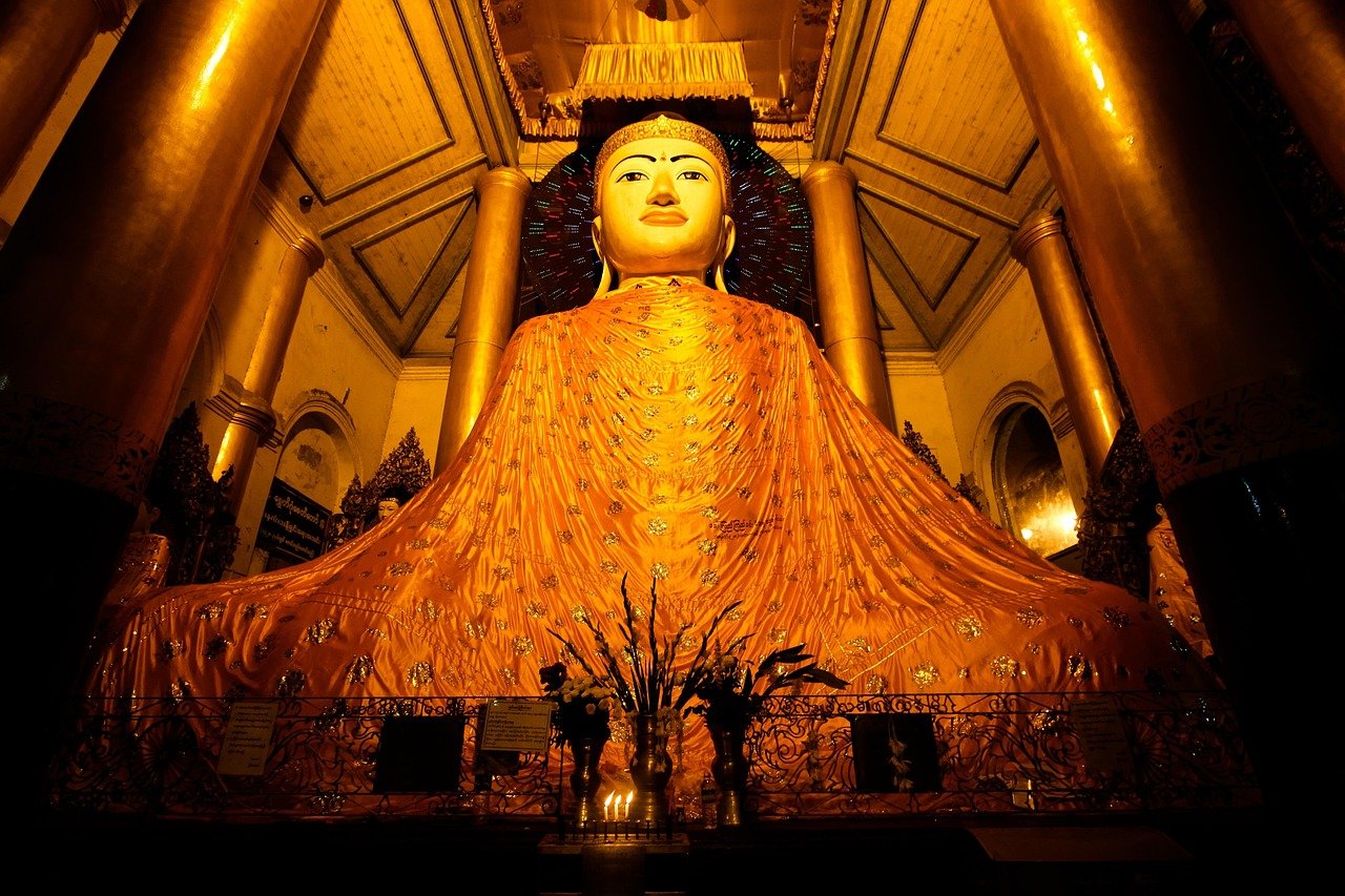 buda, shwedagon, buda purnima, estatua, dorado, yangon, noche, myanmar, pagoda, oro