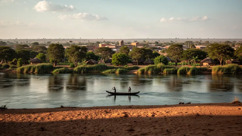 Golden-hour view of the Kavango River at Rundu, capital of Namibia's Kavango East region, with a wooden dugout canoe along the lush riverbank
