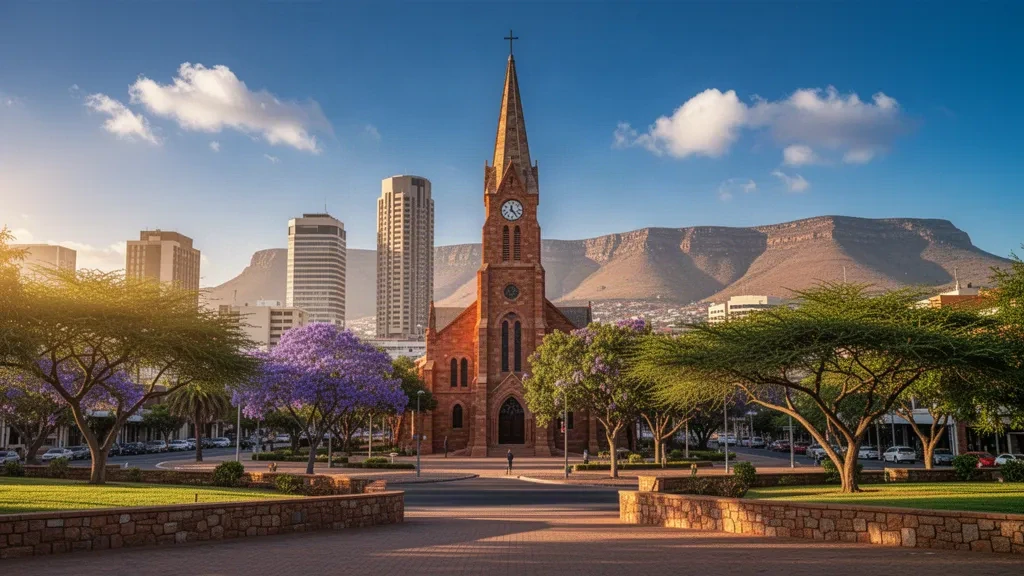 Skyline von Windhoek mit der historischen Christuskirche in Khomas, Namibia, beleuchtet von warmer Spätnachmittagssonne