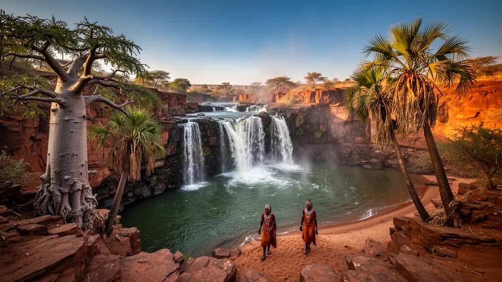 Les chutes d'Epupa se déversant sur des corniches de basalte sur la rivière Kunene, dans la région de Kunene en Namibie, à l'heure dorée