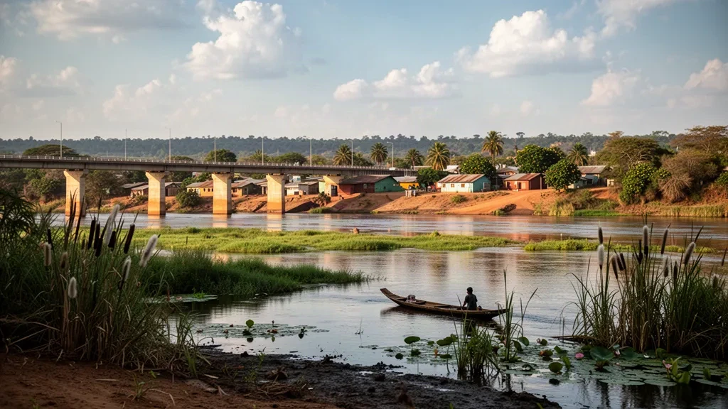 Río Zambezi y el puente de Katima Mulilo a la hora dorada en la Región de Zambezi de Namibia, enmarcados por juncos y vegetación ribereña