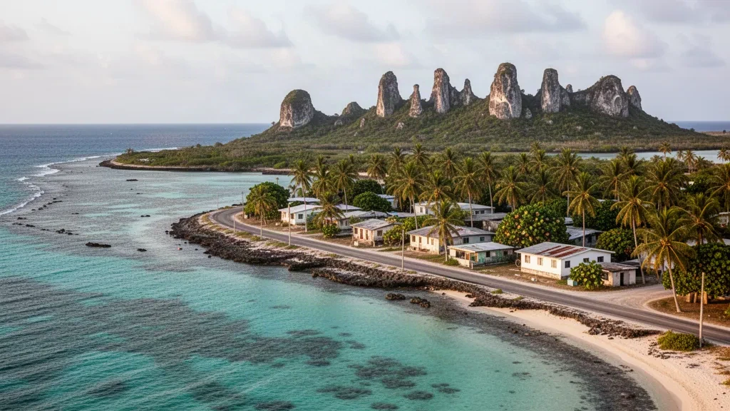 Cocotiers, littoral corallien et route côtière à Nibok, un petit district de la côte ouest de Nauru dans le Pacifique