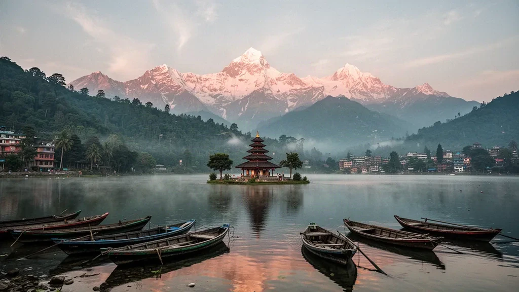 Wooden boats on Phewa Lake in Pokhara, Gandaki, Nepal, with the snow-capped Annapurna Himalayas glowing at golden hour