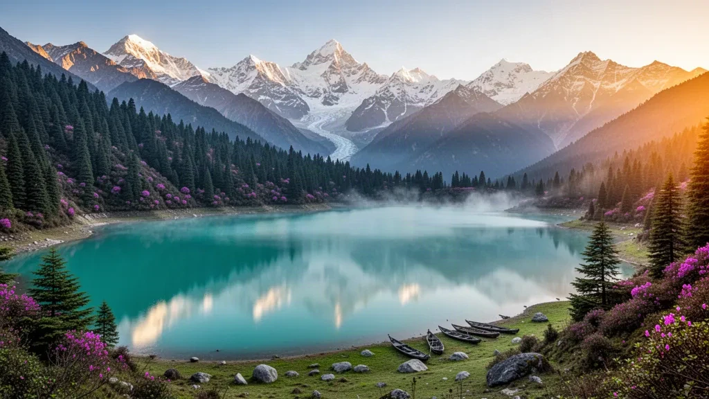 Turquoise alpine waters of Rara Lake ringed by pine forest and snow-capped Himalayan peaks in Karnali Province, Nepal